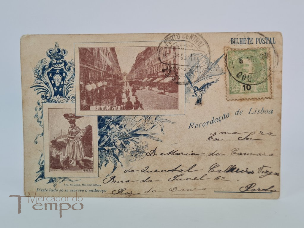 Postal Recordação de Lisboa, com imagem da Rua Augusta e de Costumes (Peixeira) 1903