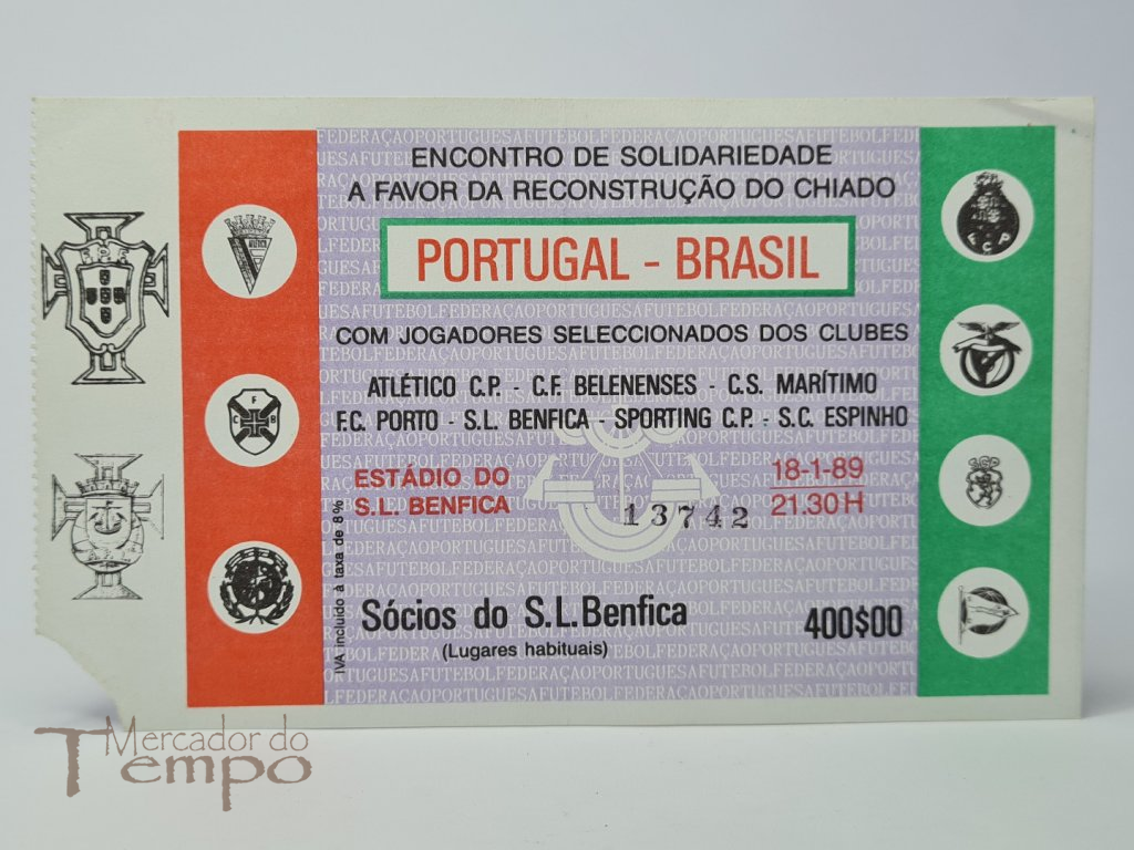 Bilhete de Futebol  Reconstrução do Chiado Portugal Vs Brasil 1989