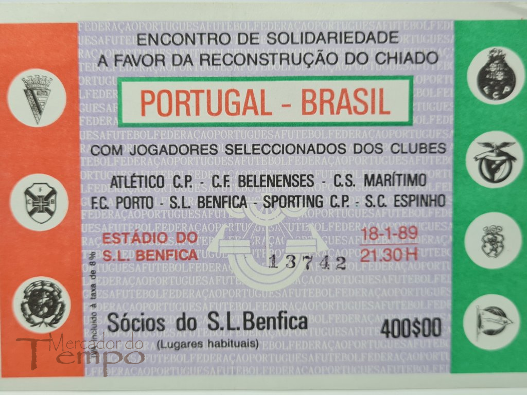 Bilhete de Futebol  Reconstrução do Chiado Portugal Vs Brasil 1989
