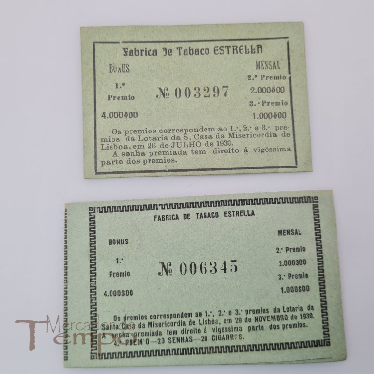 – Conjunto de duas senhas do tamanho sensivelmente dos cartões / Brindes da Fábrica de Tabaco Estrella. O prémio sairia através da extração dos números da Lotaria da Santa Casa da Misericórdia, 1930