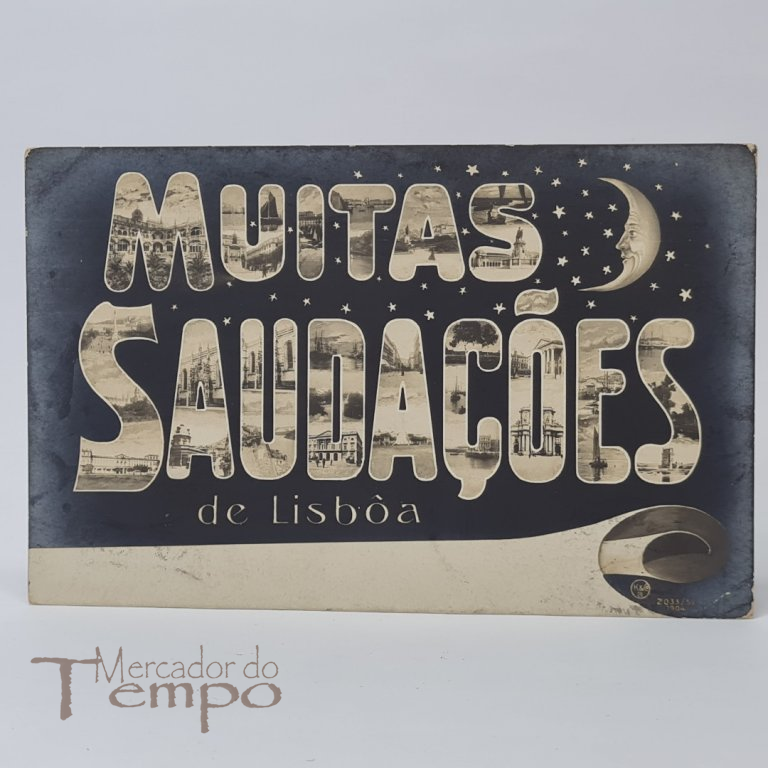 postal “Muitas Saudações de Lisboa” com muitas imagens de Vistas e Monumentos