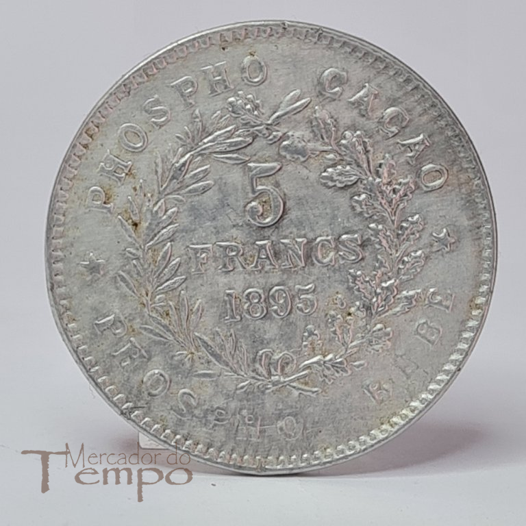 Espelho a imitar moeda de 5 francos franceses de 1895, com publicidade