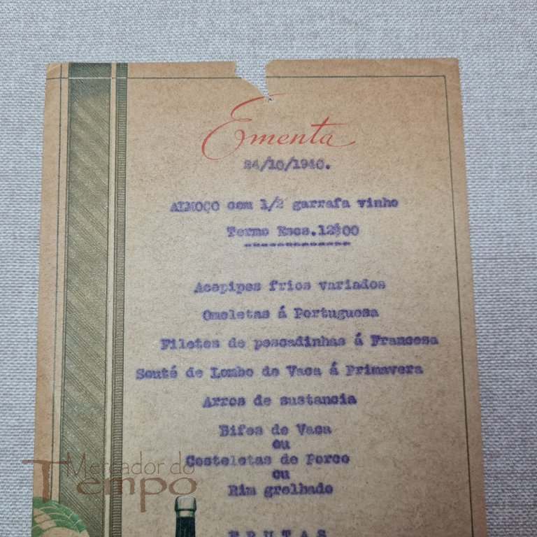 Ementa de 1940 publicitária Águas de Vidago