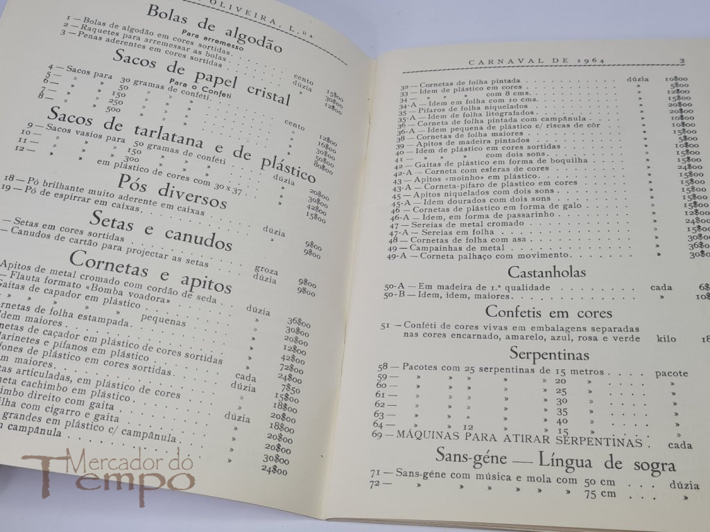 Raro Catálogo artigos com preçário para o Carnaval de 1964