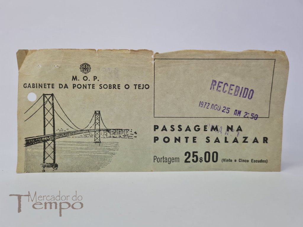 Recibo de 25$00 de passagem na Ponte Salazar, datado de 1972