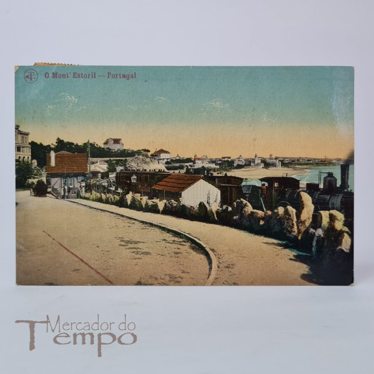 Invulgar postal “O Mont’Estoril” em que se vê o comboio a passar. Circulado e datado de 1914