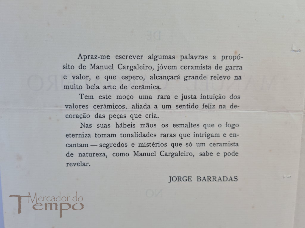 Raro catálogo 1ª Exp. Individual Cerâmica de Manuel Cargaleiro, no SNI 1952