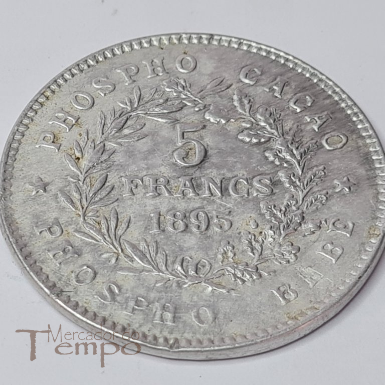 Espelho a imitar moeda de 5 francos franceses de 1895, com publicidade