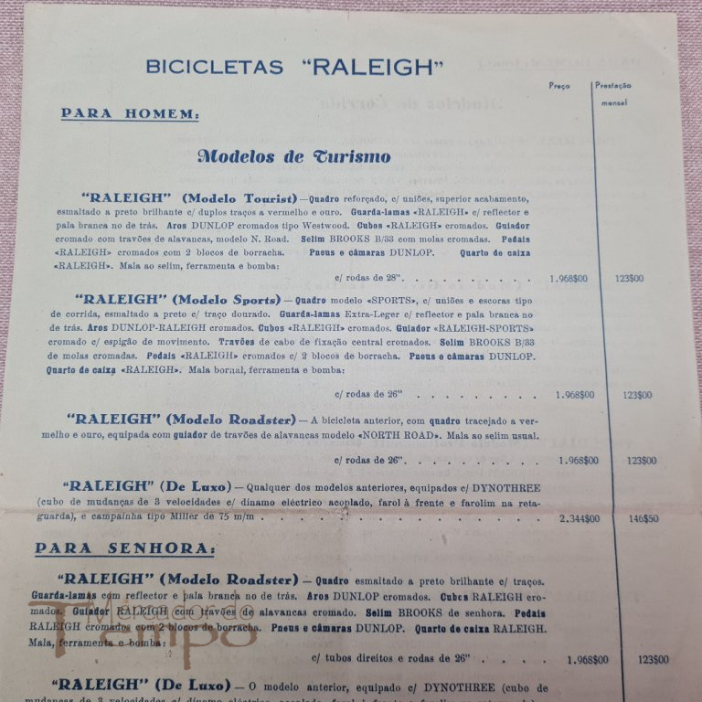 Bicicletas Raleigh, Atlantic e Imperial Tabela de preços 1965