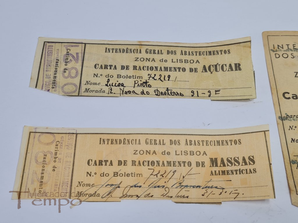 Cartas de Racionamento antigas de Massas, Açucar, Bacalhau, Arroz, Carvão