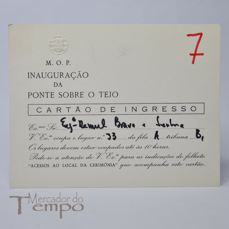 M.O.P. Invulgar Cartão de Ingresso Inaug. da Ponte sobre o Tejo
