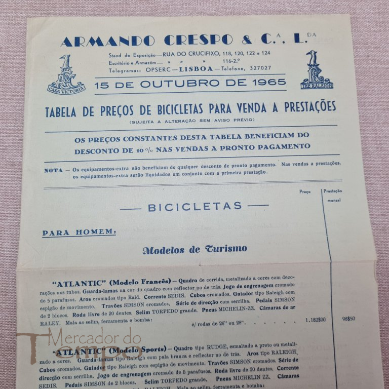 Bicicletas Raleigh, Atlantic e Imperial Tabela de preços 1965