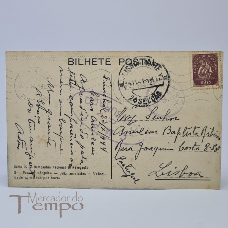 Postal Paquete Angola C.N.N. Circulado datado 1944 carimbo Censura