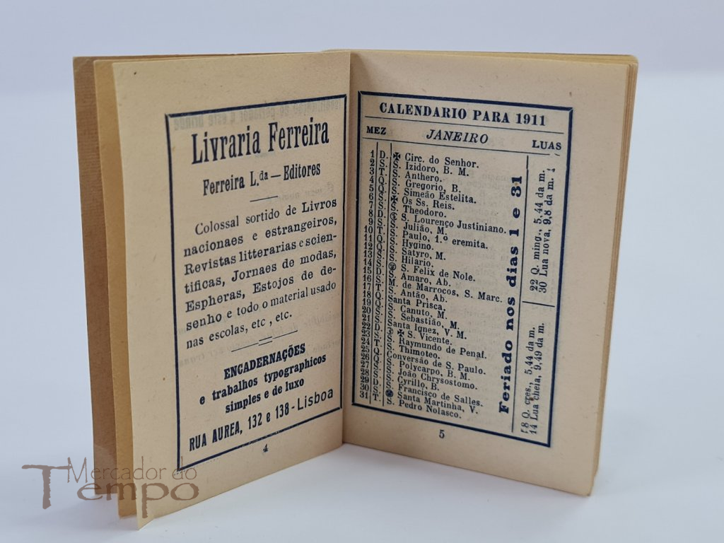  Brinde/ Calendário da Livraria Ferreira, Lisboa, datado de 1911