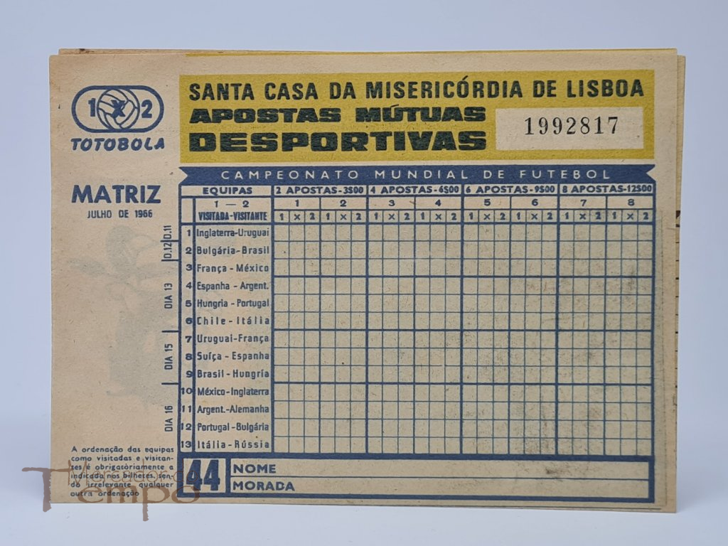 Curioso boletim do Totobola do Campeonato do Mundo de 1966