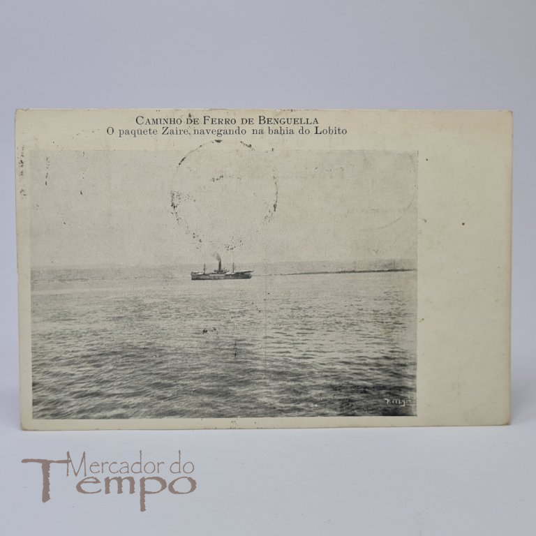 Postal do Paquete Zaire navegando na Bahia do Lobito, Circulado e datado de 1908.