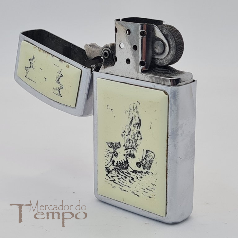 Isqueiro Zippo Slim decoração Scrimshaw Caça à Baleia