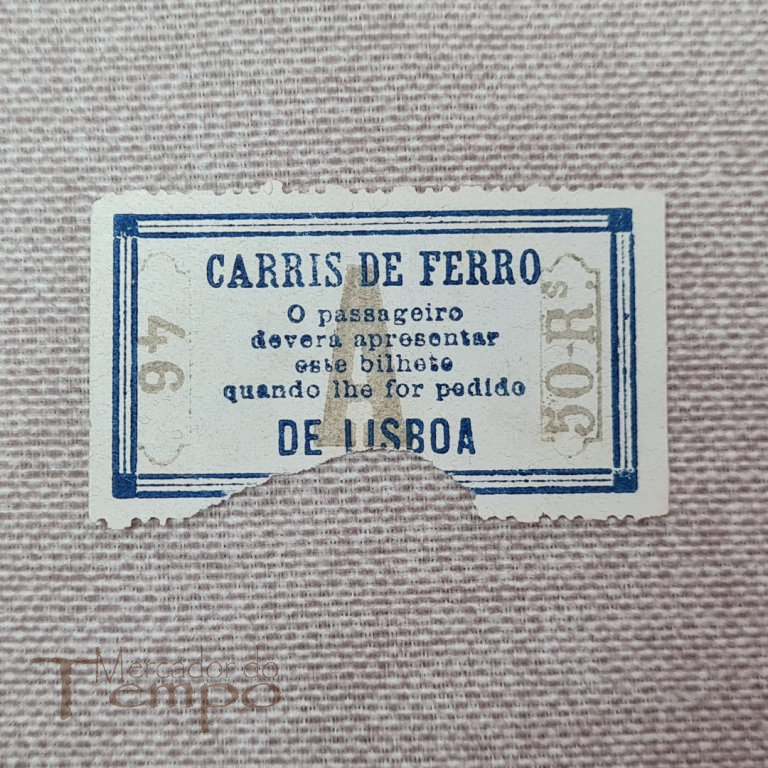 Bilhete antigo 1900's dos Carris de Ferro de Lisboa 50 Reis azul