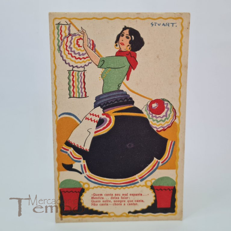 Postal ilustrado com desenho do Stuart, Costumes, alusivo às festas populares e quadra popular