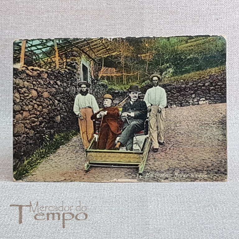 Postal antigo Madeira descida de carro de cesto de vime