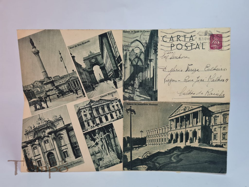 Carta Postal, circulada 1947,monumentos e edifícios de Lisboa.