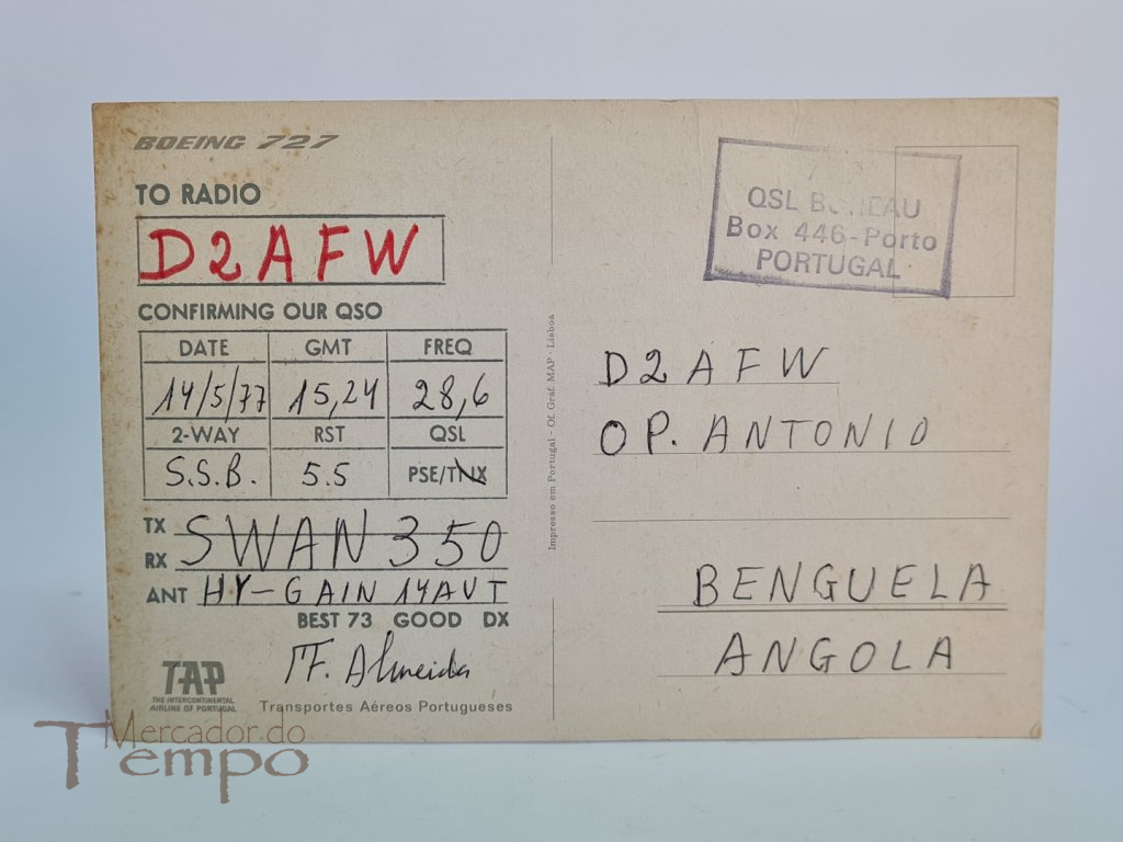 Postal de Rádio Amador, com publicidade à TAP, datado de 1977