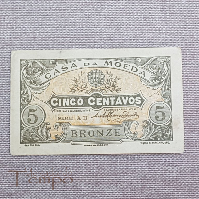 Nota / Cédula Portugal Cinco 5 Centavos 1918