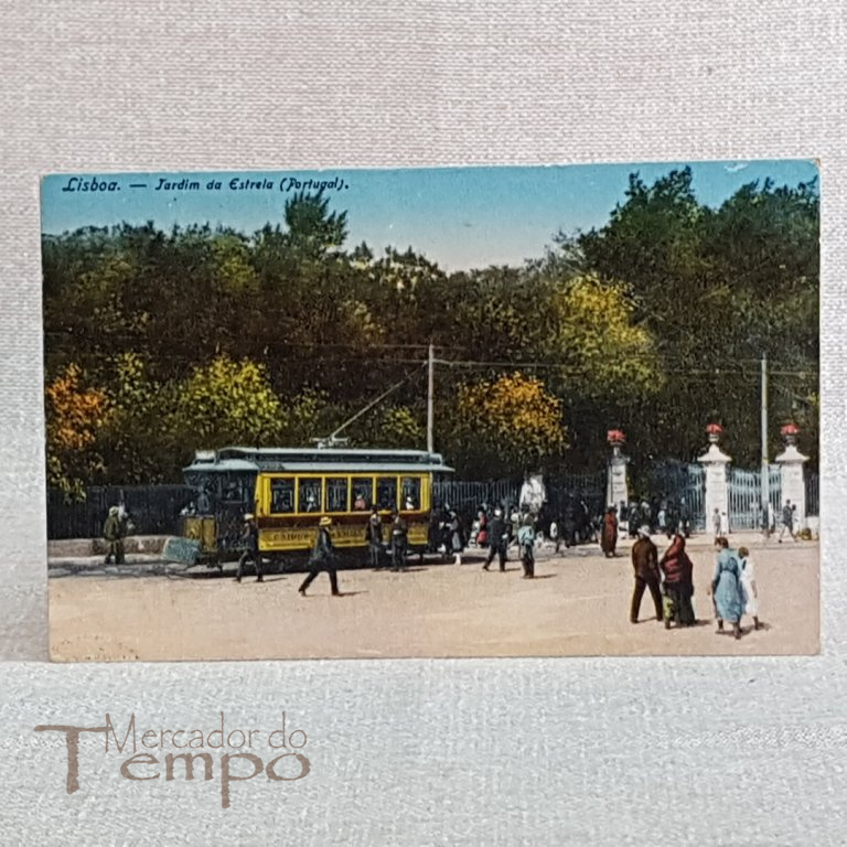 Postal antigo Lisboa - Jardim da Estrela Eléctrico 1921