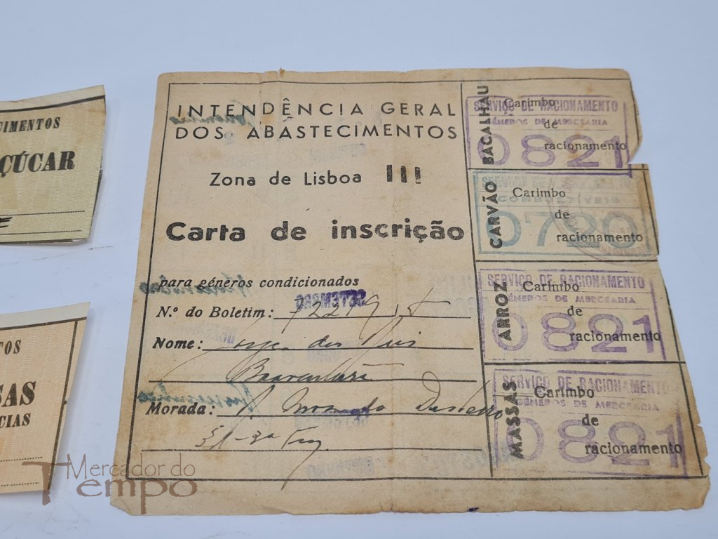 Cartas de Racionamento antigas de Massas, Açucar, Bacalhau, Arroz, Carvão