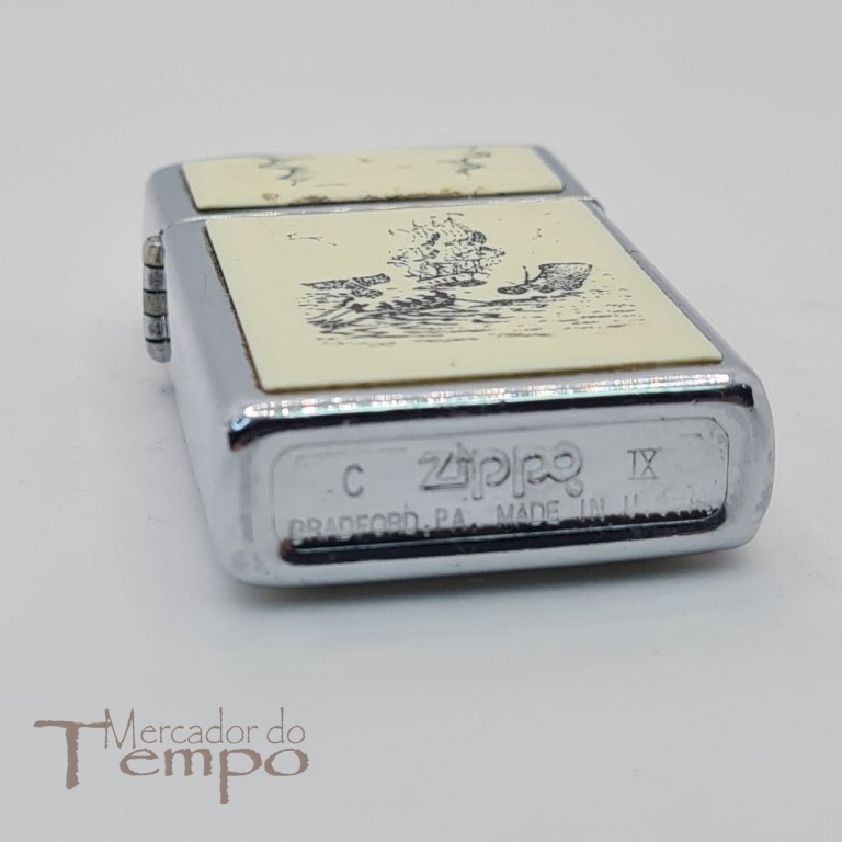 Isqueiro Zippo Slim decoração Scrimshaw Caça à Baleia