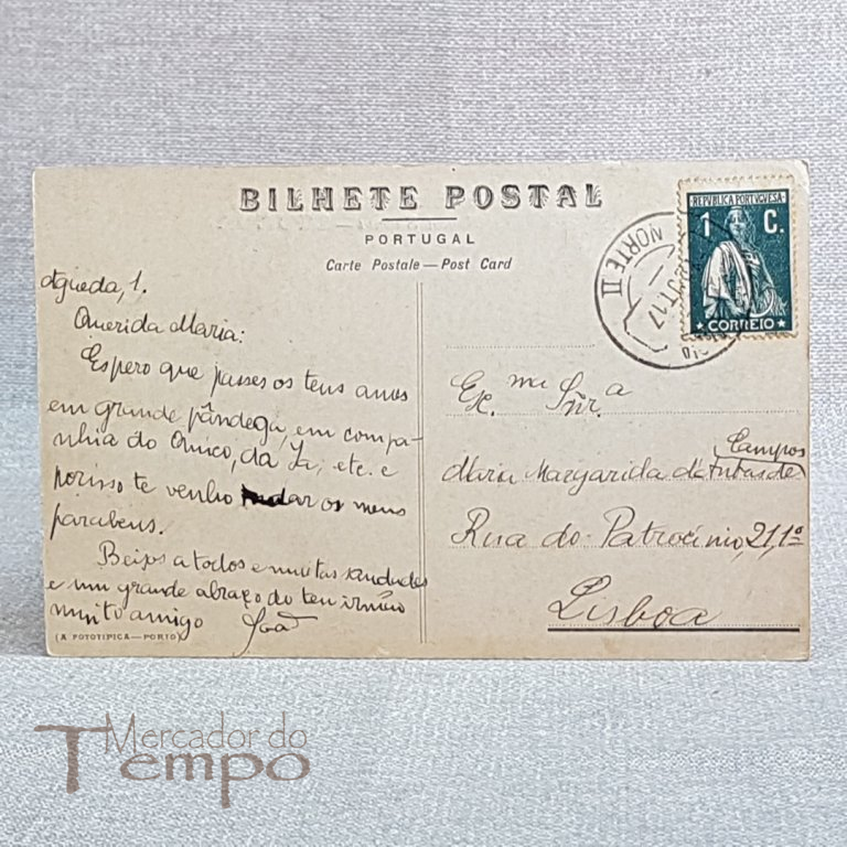 Postal antigo Águeda - Noias no rio Águeda 1917